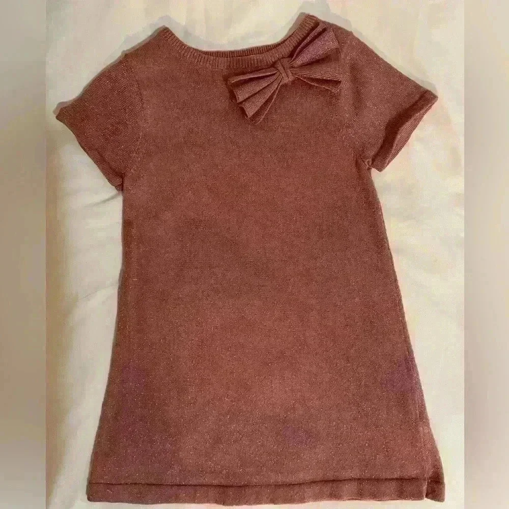 H&M Girls Kids Size 4T Short Sleeve Holiday Knit Dress with Bow Pink Glittery
